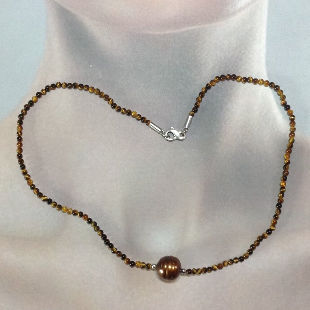 Tiger-Eye Beads With Freshwater Pearl Necklace